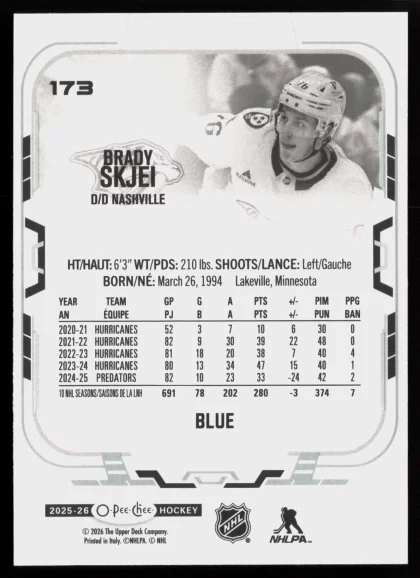 2025 2025-26 O-Pee-Chee Brady Skjei Hockey card — Back thumbnail