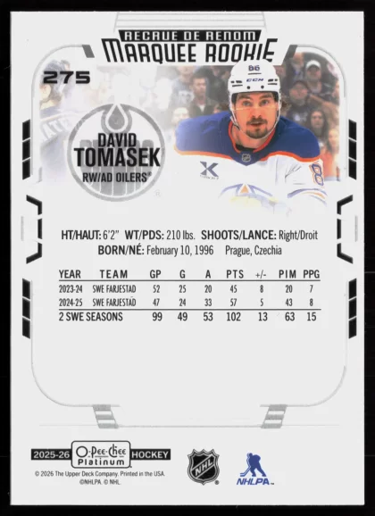 2025 2025-26 O-Pee-Chee Platinum David Tomasek Hockey card — Back thumbnail