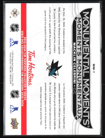2025 2025-26 Upper Deck Tim Hortons Macklin Celebrini Hockey card — Back thumbnail