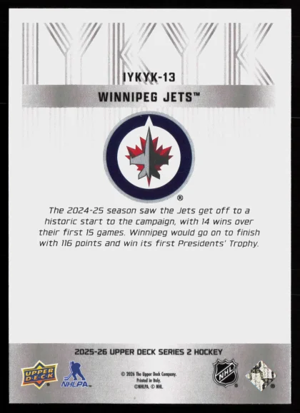 2025 2025-26 Upper Deck Winnipeg Jets Hockey card — Back thumbnail