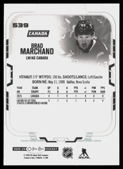 2025 2025-26 O-Pee-Chee Brad Marchand Hockey card — Back thumbnail
