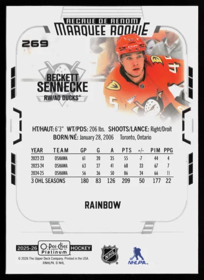 2025 2025-26 O-Pee-Chee Platinum Beckett Sennecke Hockey card — Back thumbnail