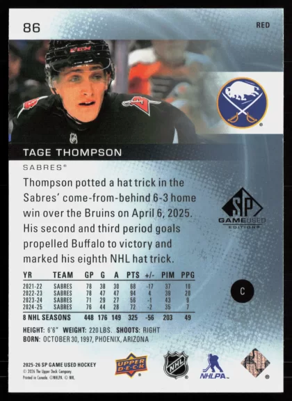 2025 2025-26 SP Game Used Tage Thompson Hockey card — Back thumbnail
