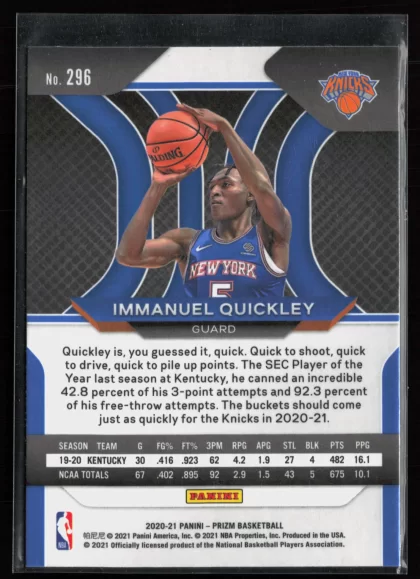 2020 2020-21 Panini Prizm Immanuel Quickley Basketball card — Back thumbnail