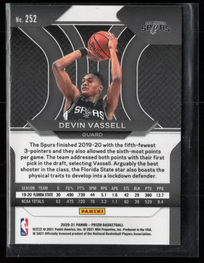 2020 2020-21 Panini Prizm Devin Vassell Basketball card — Back thumbnail