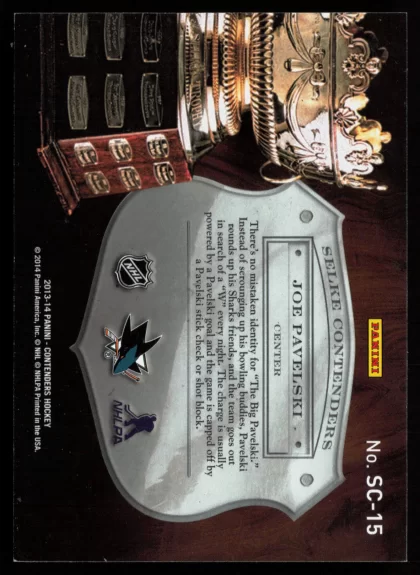2013 2013-14 Panini Contenders Joe Pavelski Hockey card — Back thumbnail