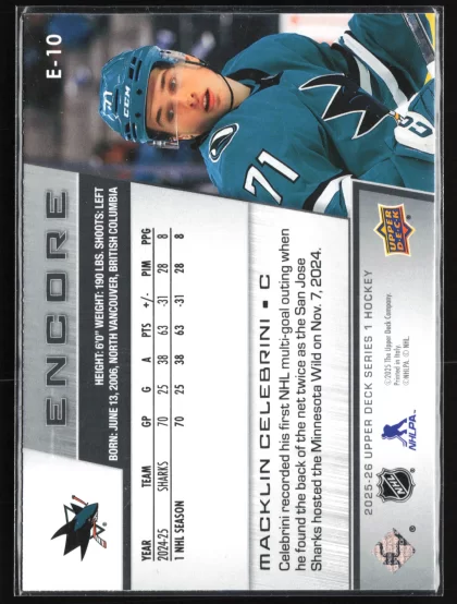 2025 2025-26 Upper Deck Macklin Celebrini Hockey card — Back thumbnail