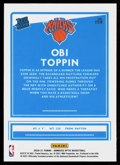 2020 2020-21 Donruss Optic Obi Toppin Basketball card — Back thumbnail