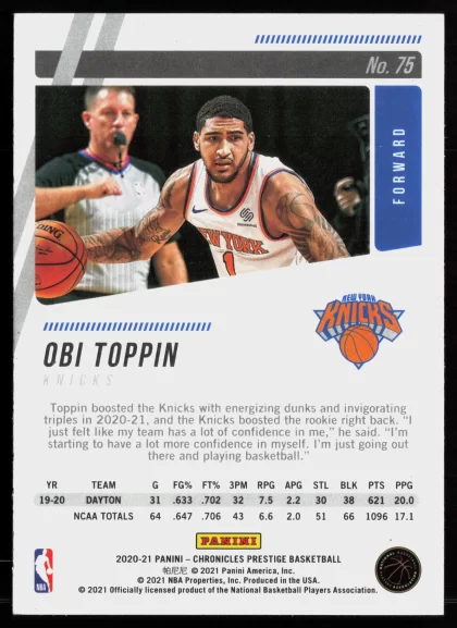 2020 2020-21 Panini Chronicles Obi Toppin Basketball card — Back thumbnail