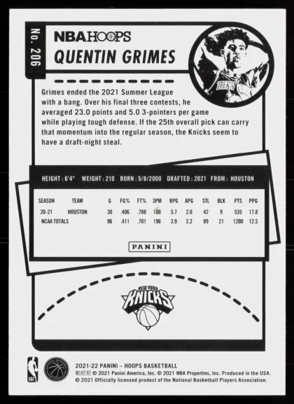 2021 2021-22 Hoops Quentin Grimes Basketball card — Back thumbnail