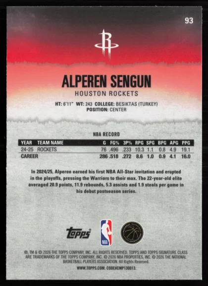 2025 2025-26 Topps Signature Class Alperen Sengun Basketball card — Back thumbnail
