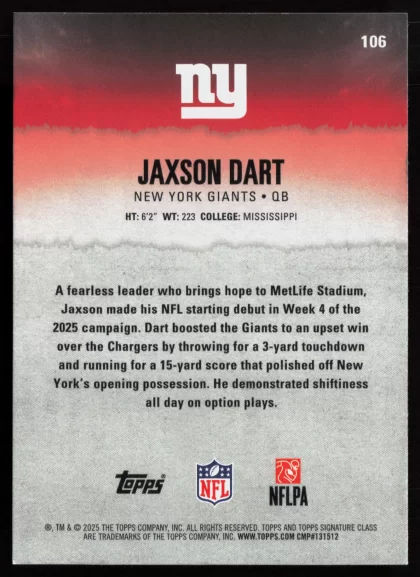 2025 2025 Topps Signature Class Jaxson Dart Football card — Back thumbnail