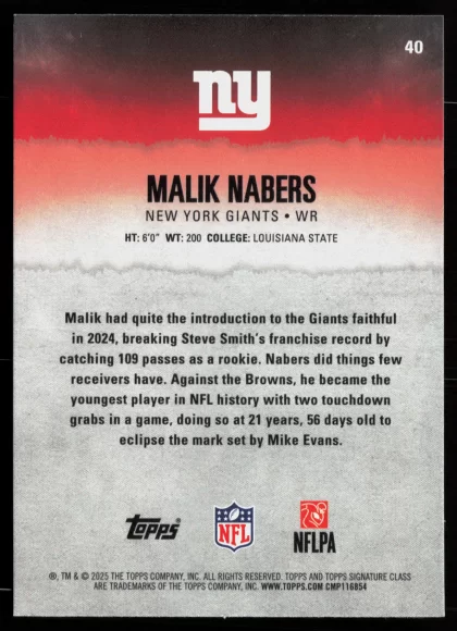 2025 2025 Topps Signature Class Malik Nabers Football card — Back thumbnail