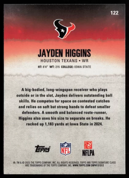 2025 2025 Topps Signature Class Jayden Higgins Football card — Back thumbnail