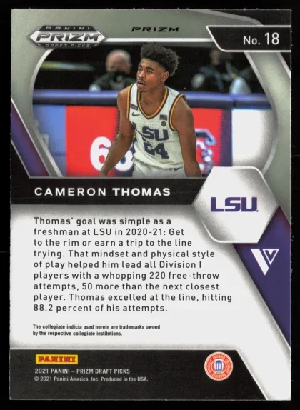 2021 2021 Panini Prizm Draft Picks Cameron Thomas Basketball card — Back thumbnail