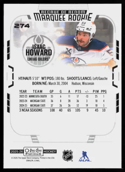 2025 2025-26 O-Pee-Chee Platinum Isaac Howard Hockey card — Back thumbnail