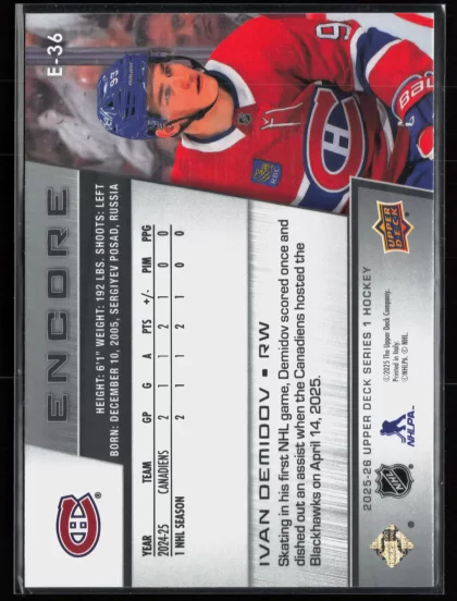 2025 2025-26 Upper Deck Ivan Demidov Hockey card — Back thumbnail