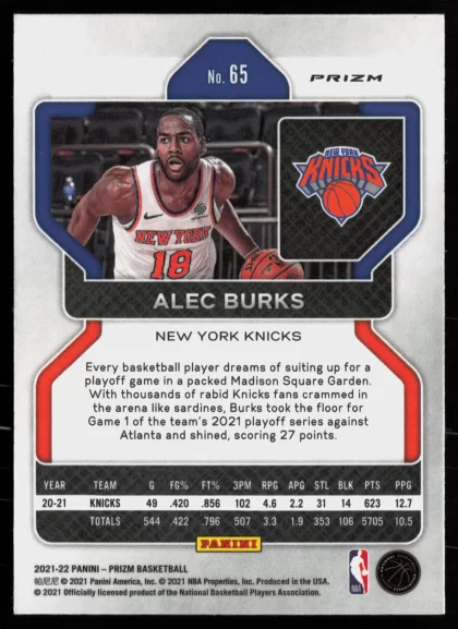 2021 2021-22 Panini Prizm Alec Burks Basketball card — Back thumbnail