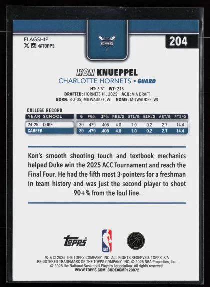 2025 2025-26 Topps Kon Knueppel Basketball card — Back thumbnail