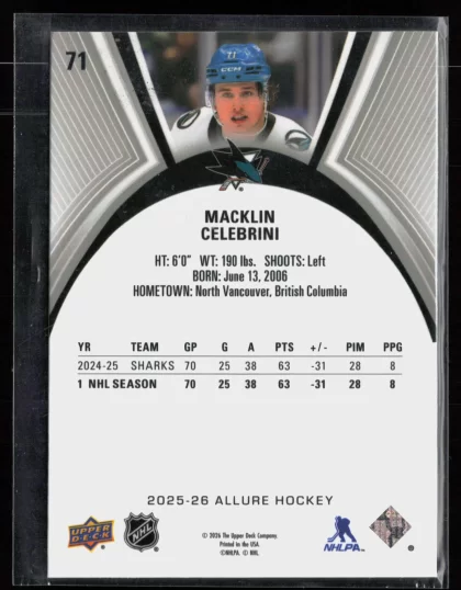 2025 2025-26 Upper Deck Allure Macklin Celebrini Hockey card — Back thumbnail