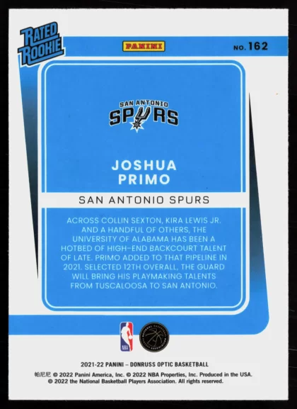 2021 2021-22 Donruss Optic Joshua Primo Basketball card — Back thumbnail