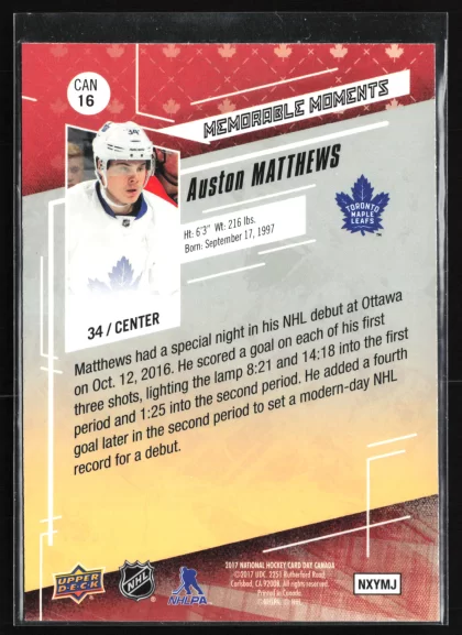 2017 2017 Upper Deck National Hockey Card Day Canada Auston Matthews Hockey card — Back thumbnail