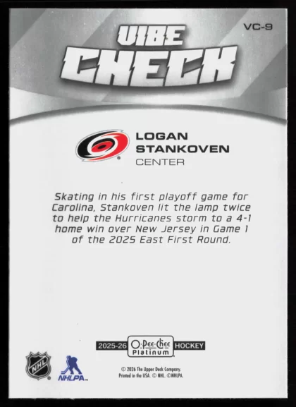 2025 2025-26 O-Pee-Chee Platinum Logan Stankoven Hockey card — Back thumbnail
