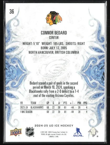 2024 2024-25 Upper Deck Ice Connor Bedard Hockey card — Back thumbnail