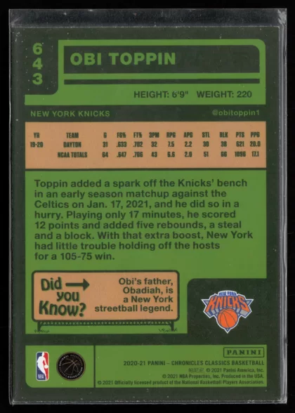 2020 2020-21 Panini Chronicles Obi Toppin Basketball card — Back thumbnail