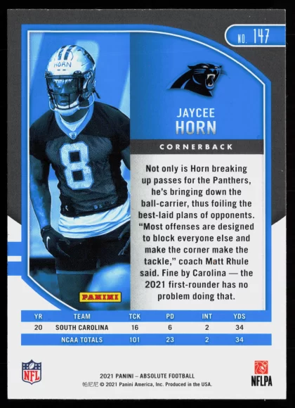 2021 2021 Panini Absolute Jaycee Horn Football card — Back thumbnail