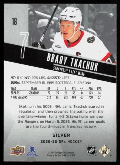 2025 2025-26 SPx Brady Tkachuk Hockey card — Back thumbnail