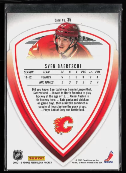 2012 2012-13 Panini Rookie Anthology Sven Baertschi Hockey card — Back thumbnail