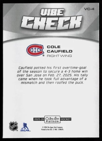 2025 2025-26 O-Pee-Chee Platinum Cole Caufield Hockey card — Back thumbnail