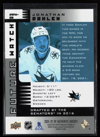 2021 2021-22 SP Authentic Jonathan Dahlen Hockey card — Back thumbnail