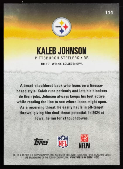 2025 2025 Topps Signature Class Kaleb Johnson Football card — Back thumbnail