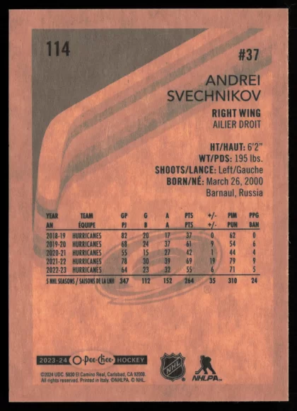 2023 2023-24 O-Pee-Chee Andrei Svechnikov Hockey card — Back thumbnail