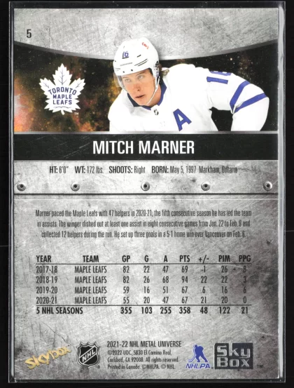 2021 2021-22 SkyBox Metal Universe Mitch Marner Hockey card — Back thumbnail