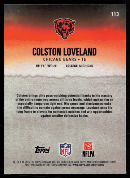2025 2025 Topps Signature Class Colston Loveland Football card — Back thumbnail