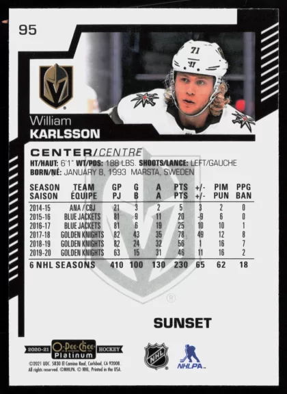 2020 2020-21 O-Pee-Chee Platinum William Karlsson Hockey card — Back thumbnail