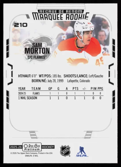 2025 2025-26 O-Pee-Chee Platinum Sam Morton Hockey card — Back thumbnail
