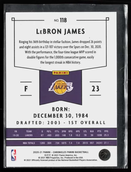 2020 2020-21 Panini Chronicles LeBron James Basketball card — Back thumbnail