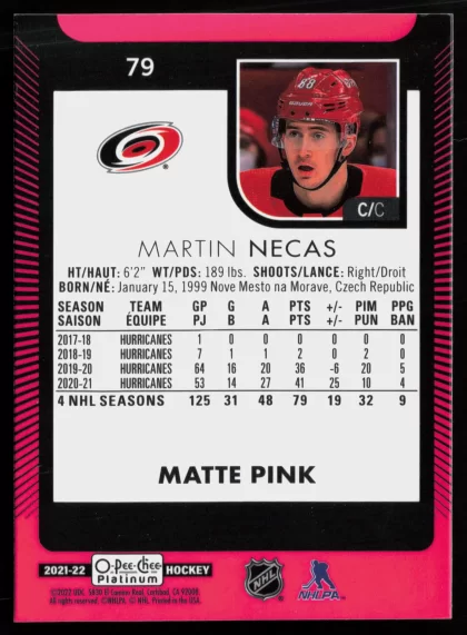 2021 2021-22 O-Pee-Chee Platinum Martin Necas Hockey card — Back thumbnail