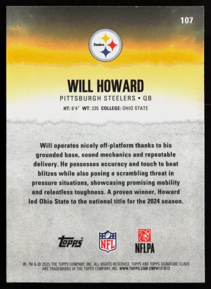 2025 2025 Topps Signature Class Will Howard Football card — Back thumbnail