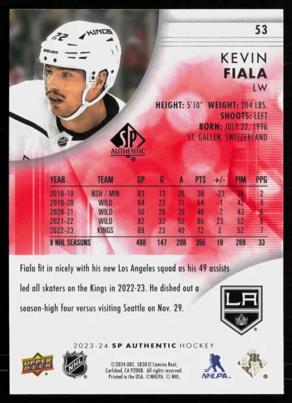 2023 2023-24 SP Authentic Kevin Fiala Hockey card — Back thumbnail