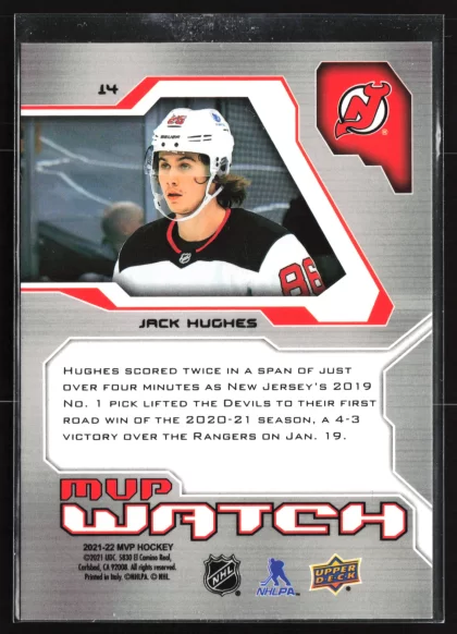 2021 2021-22 Upper Deck MVP Jack Hughes Hockey card — Back thumbnail