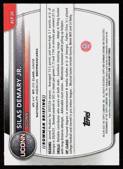 2025 2025-26 Bowman Silas Demary Jr. Basketball card — Back thumbnail