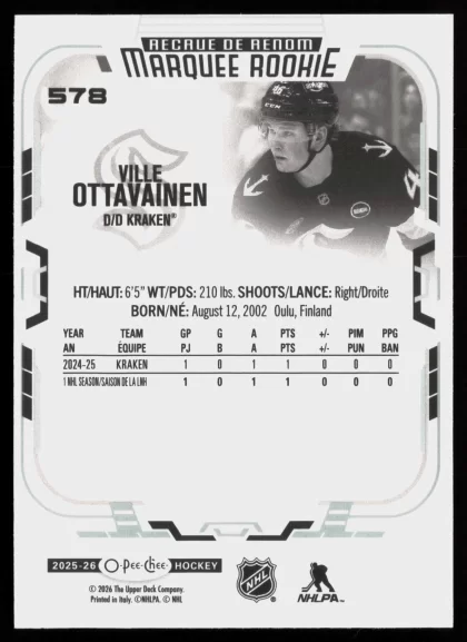 2025 2025-26 O-Pee-Chee Ville Ottavainen Hockey card — Back thumbnail