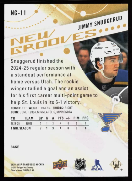 2025 2025-26 SP Game Used Jimmy Snuggerud Hockey card — Back thumbnail