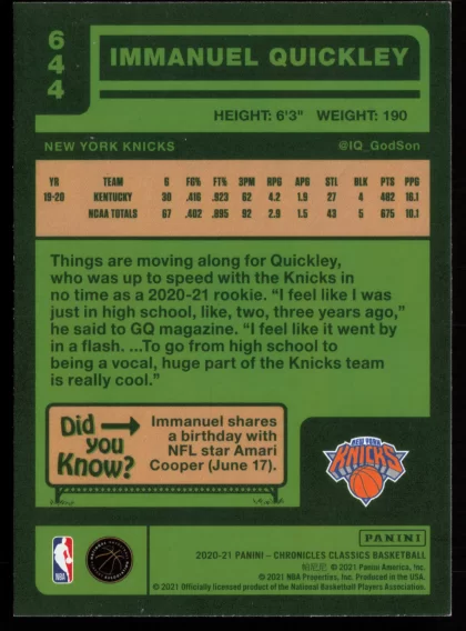 2020 2020-21 Panini Chronicles Immanuel Quickley Basketball card — Back thumbnail