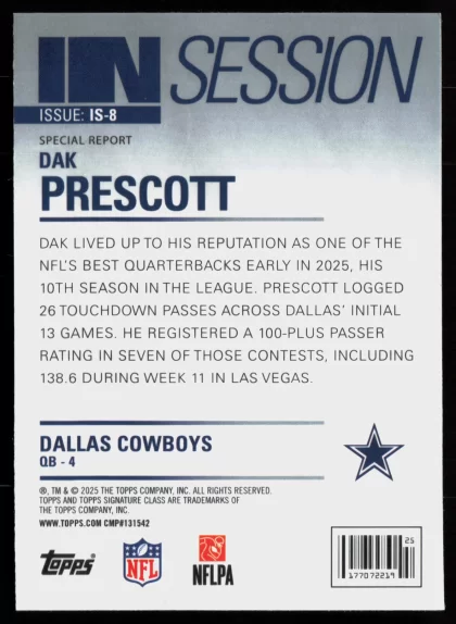 2025 2025 Topps Signature Class Dak Prescott Football card — Back thumbnail